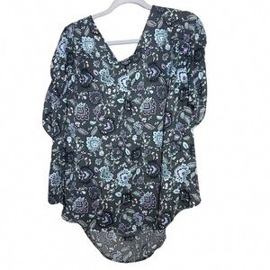 torrid Black Floral V-Neck Blouse with Blue & Purple Print
